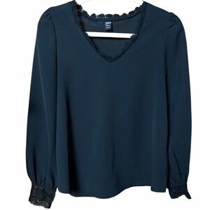 Shein Black Long Sleeve Blouse W Lace Detailing Trim V-Neck & Cuffs  Size Medium